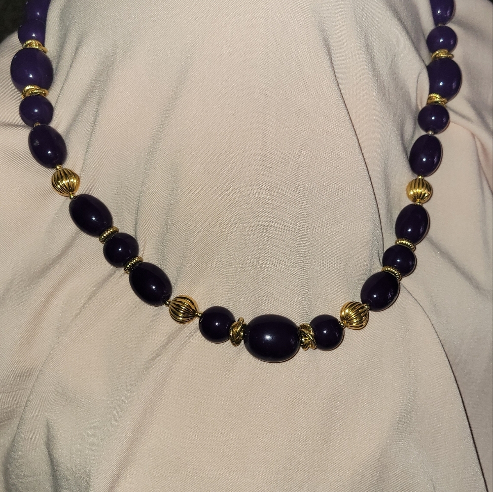 Womens necklace  - purple and gold colored beads. 13 inches.